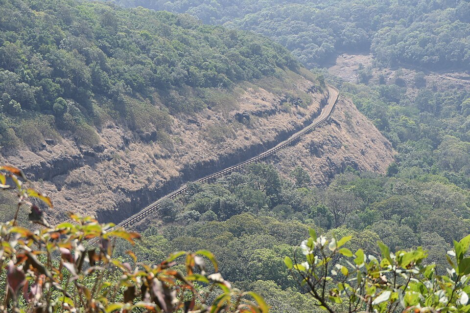 Forest valley and mountain railway seen from Panorama Point in Matheran